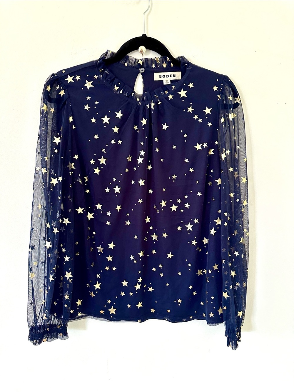 Boden Navy Gold Star Mesh Blouse Sheer Sleeve Ruffle Neck Top US Size 8 - Picture 2 of 8